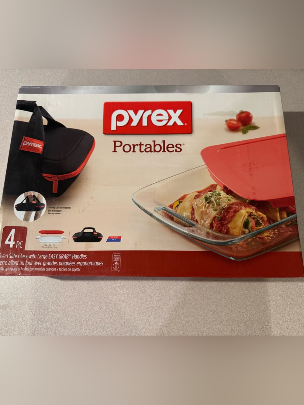Pyrex Portables Glass Bakeware Set with Red Lid and Black Carrying Case
